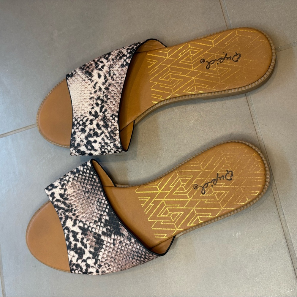 Qupid Black and Brown Snake Print Sandals